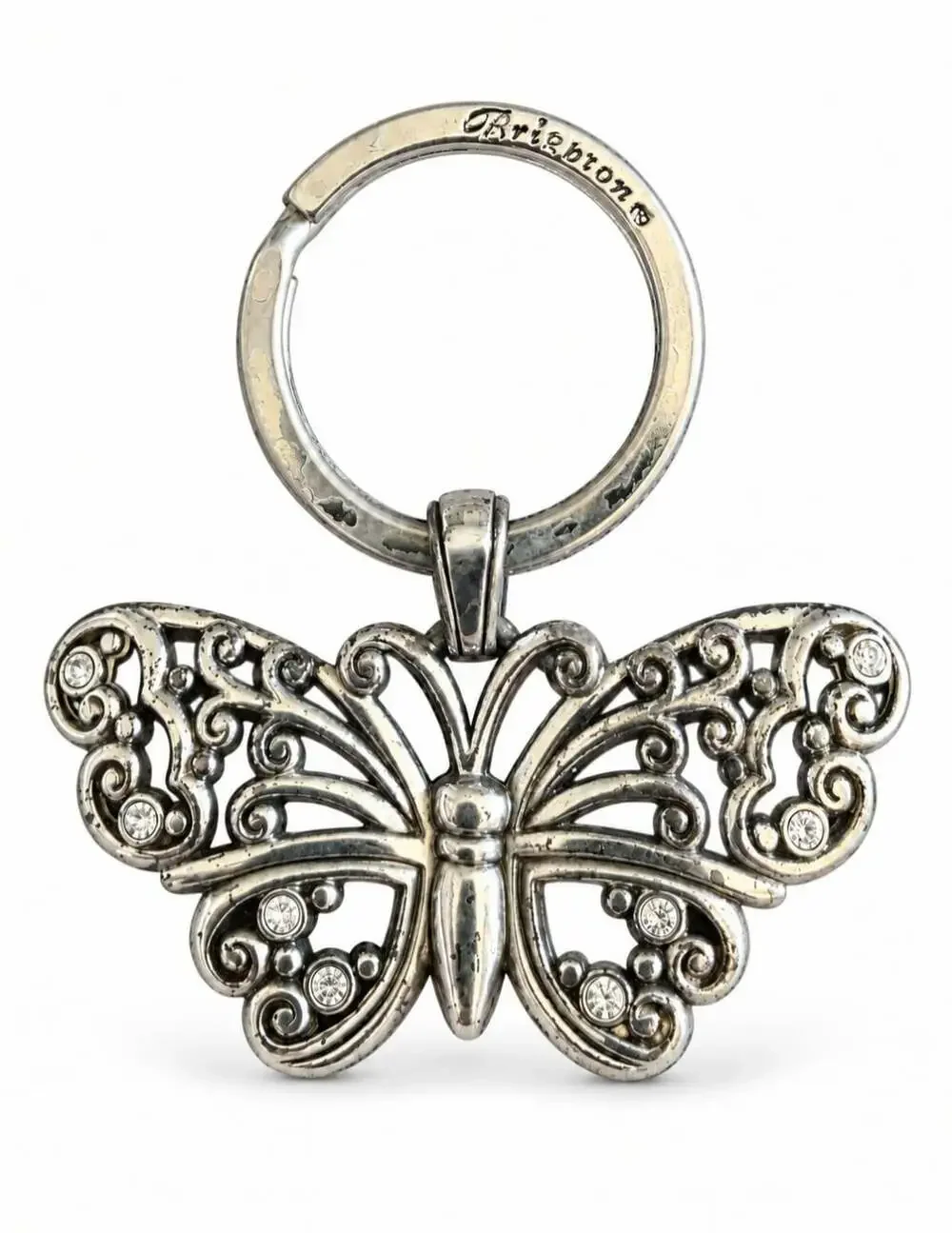 Brighton Butterfly Keychain Silver Tone Crystal Rhinestone Purse Bag Charm Fob